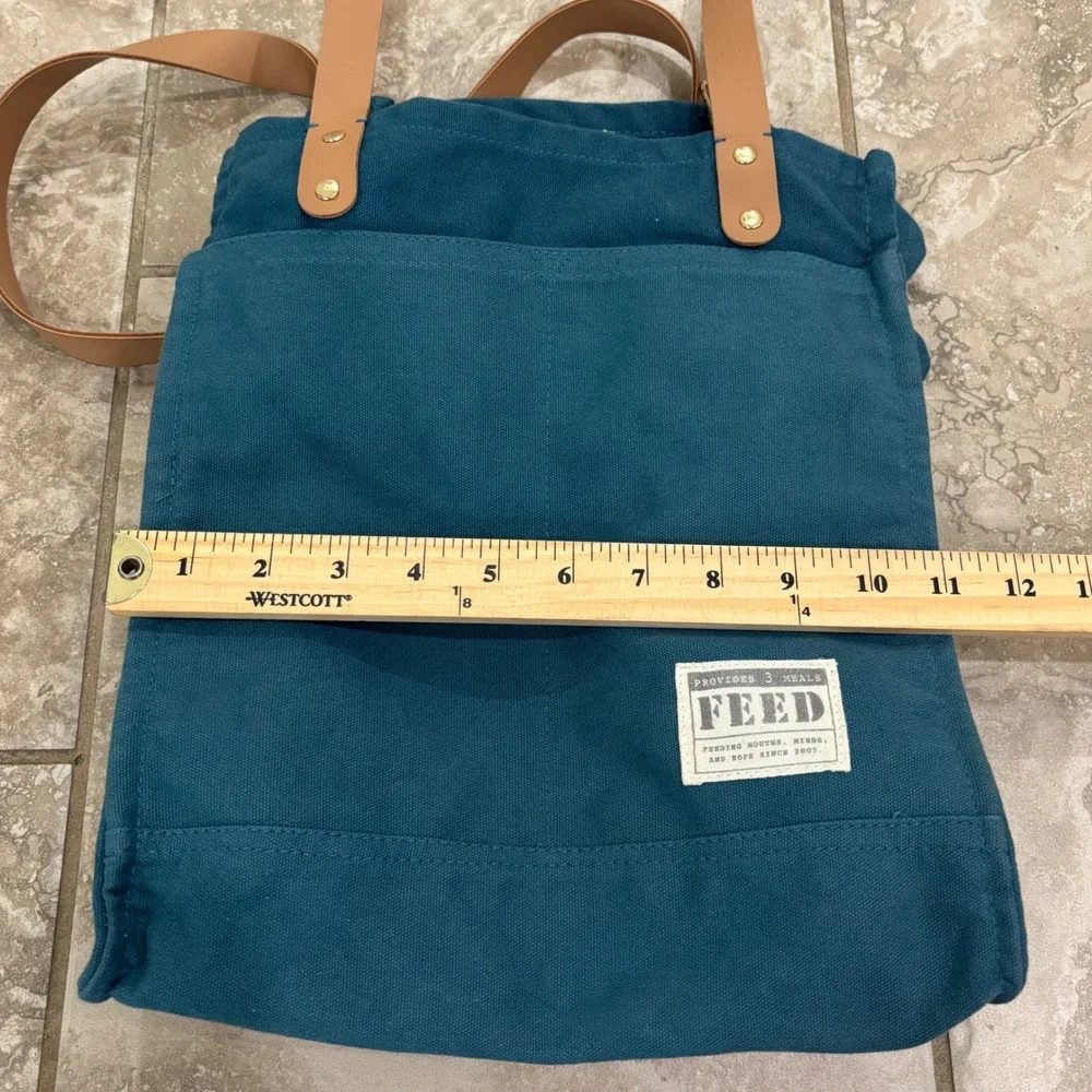 FEED Market Tote Bag Teal Blue Canvas Tan Straps Provides 3 Meals Grocery Bag